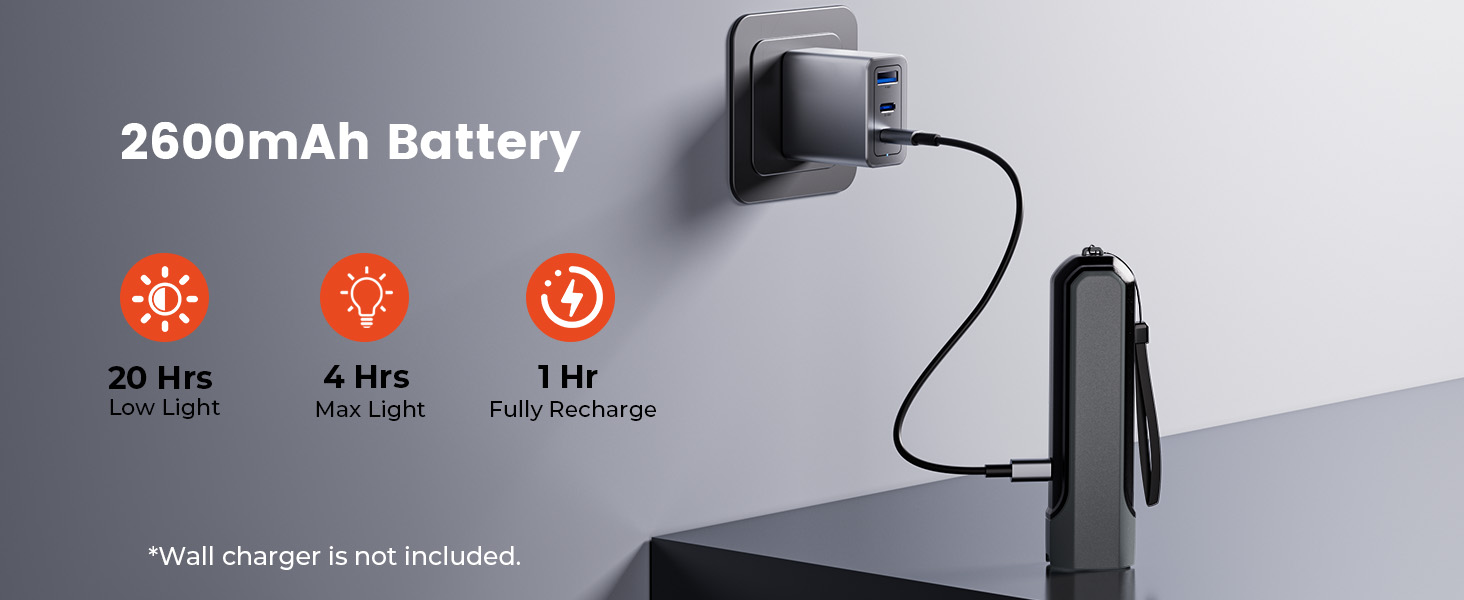 Built-in 2600mAh battery for up to 20 Hrs in Low Light or 4 Hrs in Max. Wall Charger not Included.