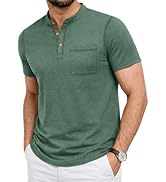 PEGENO Mens Shirts Casual Short Sleeve Cotton Henley with Pocket and Contrast Placket Button Down...