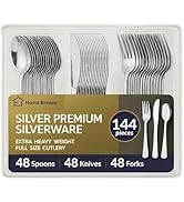 144 Pack Silver Premium Heavy Duty Plastic Silverware, 48 Forks, 48 Spoons, 48 Knives, For Cateri...
