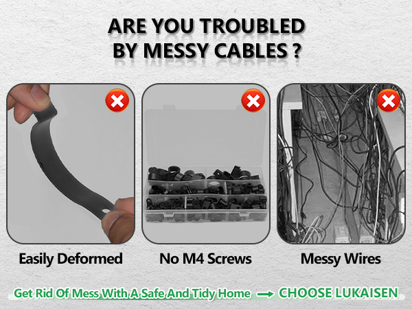 Advertisement showing three problem scenarios with cables and organization: deformed materials, loose screws, and tangled wires.