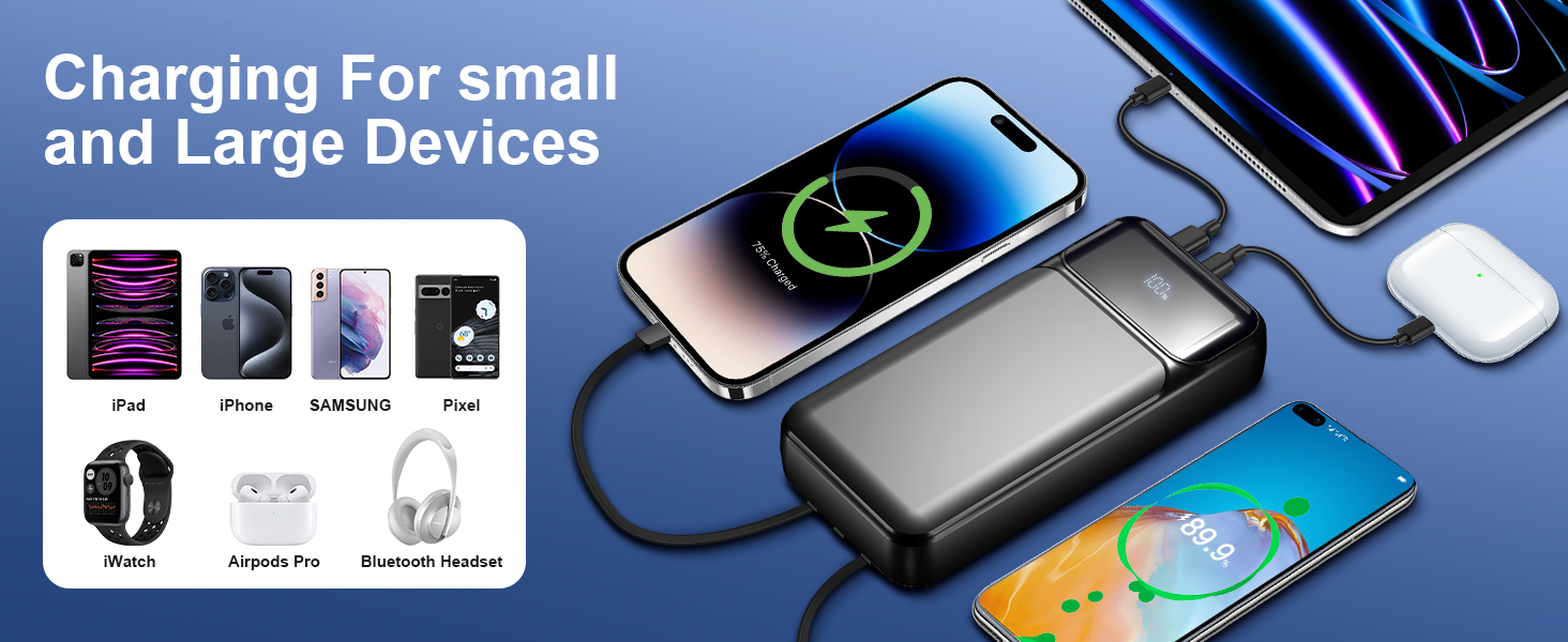 Portable Charger 49800mAh Power Bank with 3 Built-in Cables+PD 22.5W