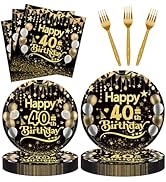 96Pcs 40th Happy Birthday Tableware Set Black Gold Disposable Paper Plates and Napkins with Forks...