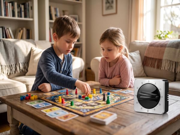 mechanical kitchen timer next to children playing a board game.