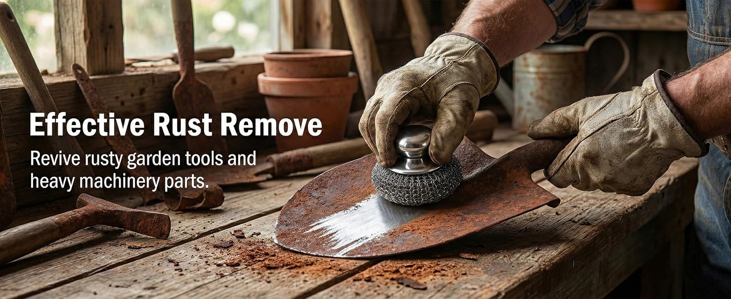 Steel wool scrubber removing rust from garden tools and industrial equipment.