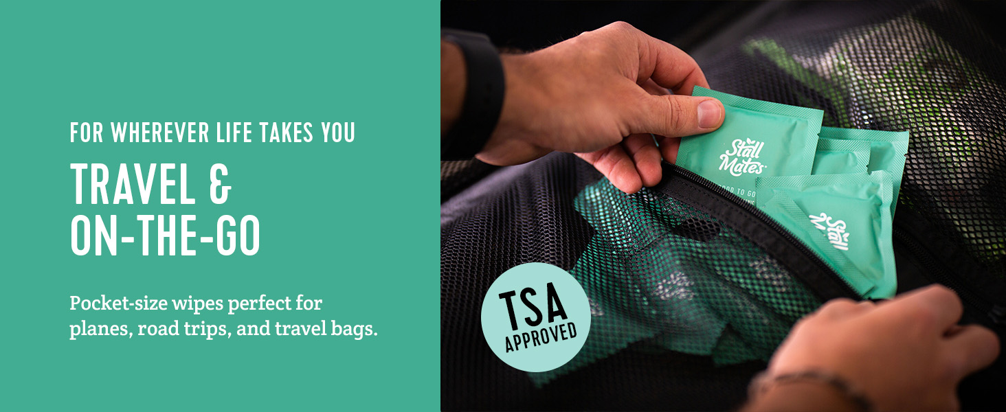 Stall Mates, Individually wrapped wet wipes for on-the-go. Ready for Travel and TSA approved