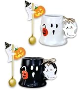 Domini 14.78 oz Halloween Ghost face Pumpkin Coffee Mug(set of 2) - Cute Ceramic Cup with spoons,...