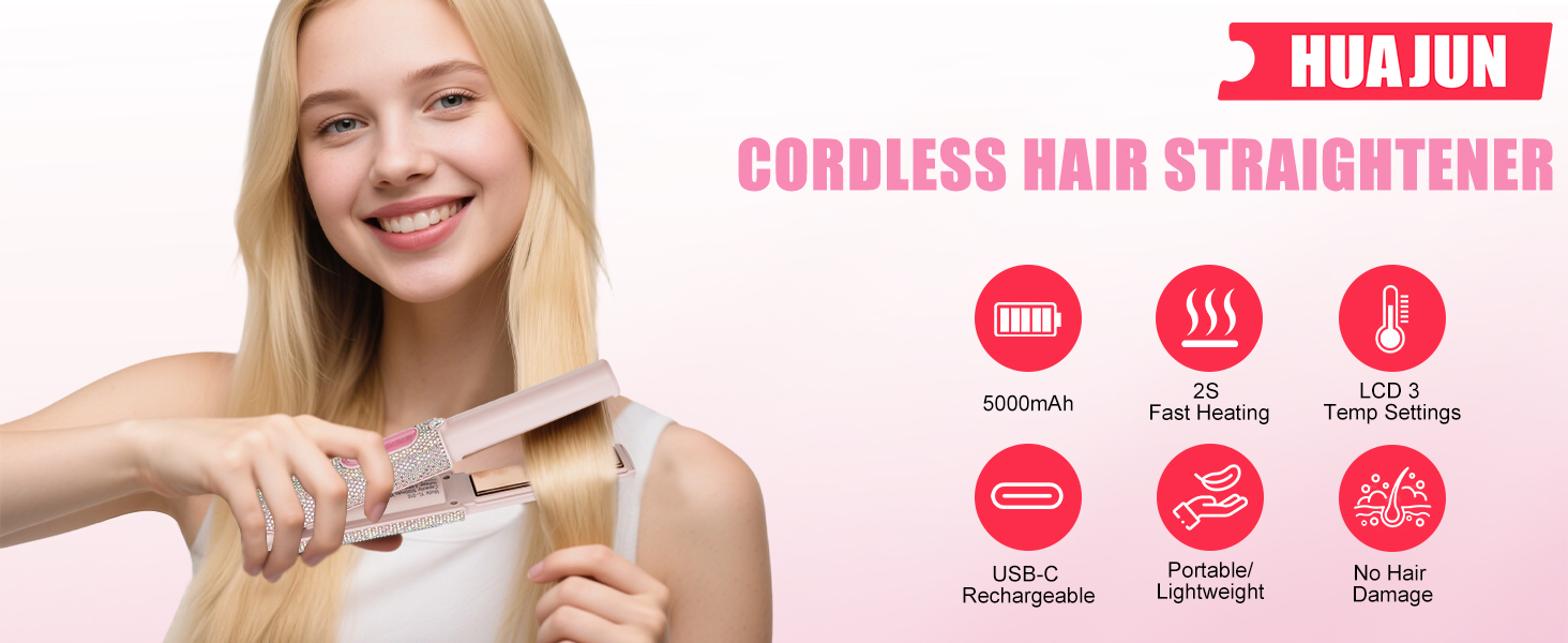 Text reads 'CORDLESS HAIR STRAIGHTENER'. Pink promotional image showing product features with icons for heat protection, lightweight design, and styling time.