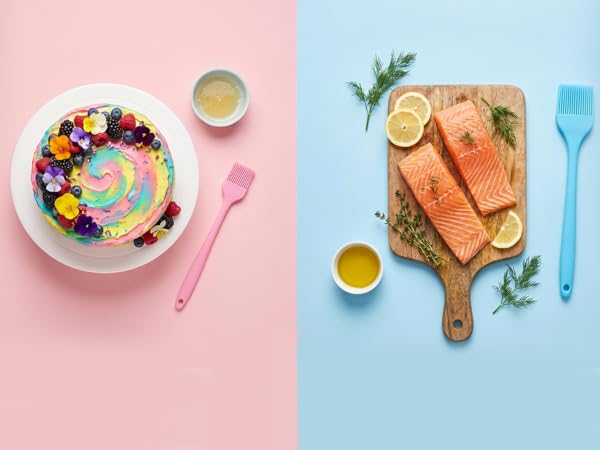Pink silicone pastry brush with colorful cake and blue basting brush with salmon fillet dual scene