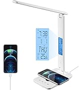 Poukaran Desk Lamp, LED Desk Lamp with Wireless Charger, USB Charging Port, Table Lamp with Clock...