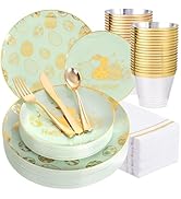 Festiva 175Pcs Easter Plates and Napkins Disposable - Green and Gold Plastic Dinnerware Set for 5...