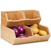 WRONWA Pantry Storage Bins 3-Pack, Stackable Bamboo Containers for Potato & Onion Storage, Kitche...