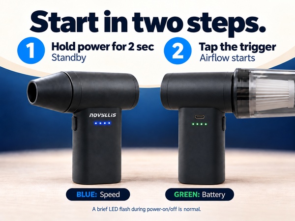 F7 electric air duster controls: hold power for 2 seconds, then tap trigger to start airflow