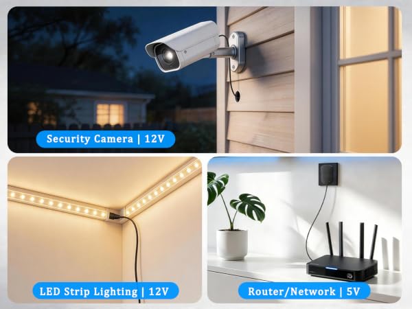 you can use the power adaper for camera, LED strip lights, router and more small electronic