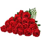 Ouddy Decor 20 Pcs Fake Red Roses Artificial Silk Flowers with Long Stems for Valentines Decor We...