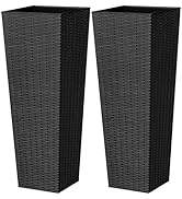 Greesum 32 Inch Tall Plastic Planters with Rattan Texture – Set of 2, Detachable Inner Pot & Drai...