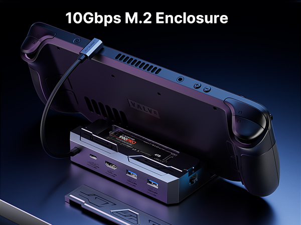 a black and blue gaming console with a black box and a usb port.