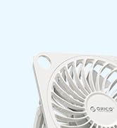 White portable USB-powered fan with spiral blade design and compact cylindrical form against light blue background.
