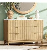 Fkhouse Fluted 6 Drawer Dresser, 47" Wide Chest of Drawers with Faux Marble Top, Modern Dresser T...