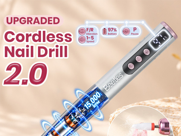 Beetles Cordless Nail Drill, 7 Bits Electric Nail File 5 Speeds LED Display,Rechargeable Nail Drill
