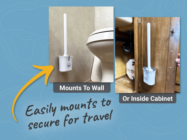 images inside RV showing the compact toilet brush easily mounts to wall or cabinet for secure travel
