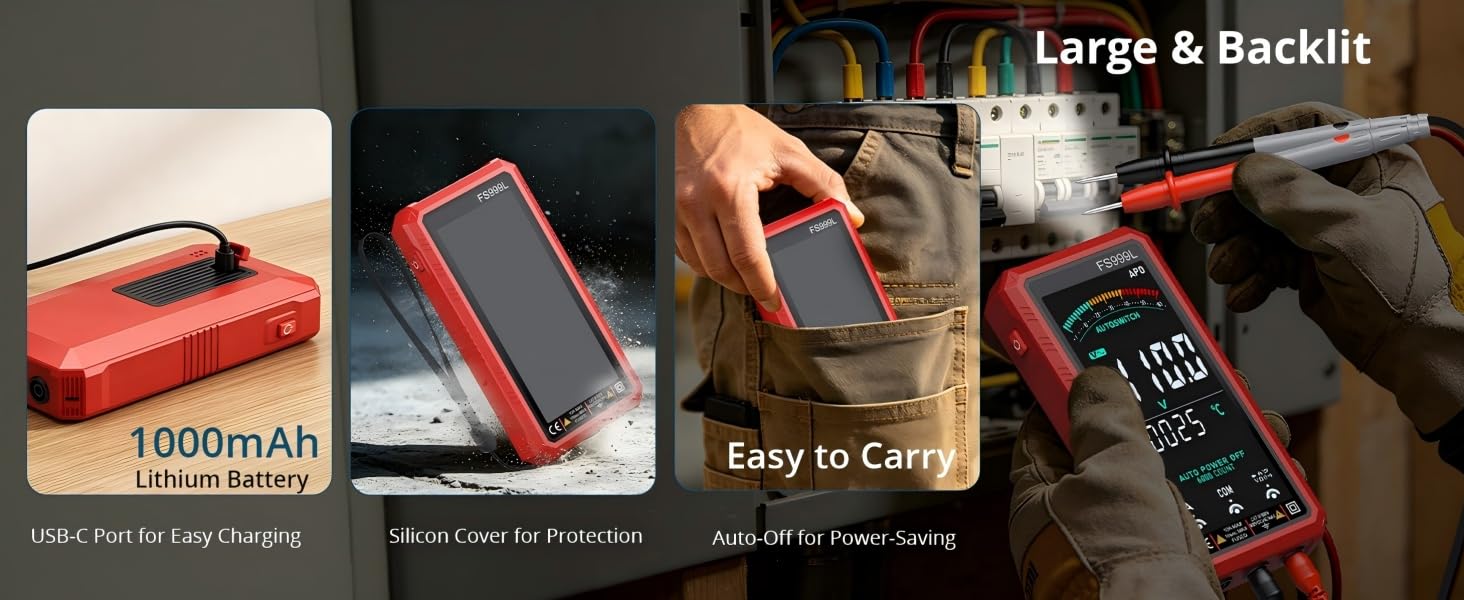 Text reads 'Large & Backlit', '1000mAh', 'Easy to Carry'. Red and black portable power bank with display screen, multiple product views and features highlighted.