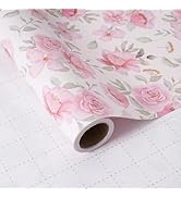 ZINTBIAL Pink Floral Wrapping Paper Roll - Watercolor peonies and leaves Design, 17 Inches x 16.5...