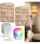 Battery Operated Wall Sconce,Boho Rechargeable Wireless Wall Sconce Rattan | 5000mAh RGB Dimmable...