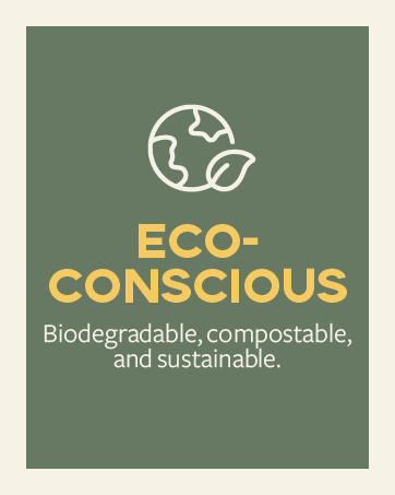 Green background with yellow eco-conscious icon and sustainability message