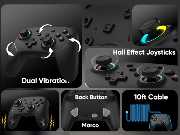 Dual vibration, hall effect joysticks, back button, 10 ft cable, back button, c button