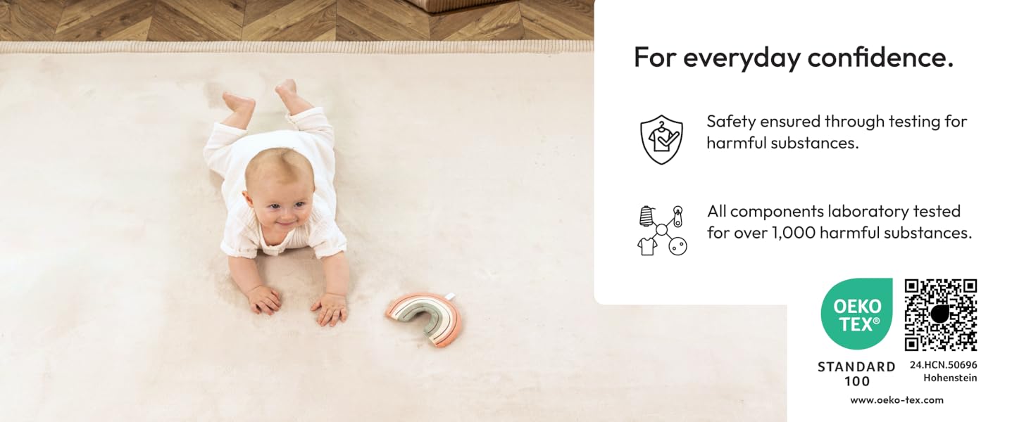 OEKO TEX Standard-100 Certified, all rug components tested for over 1,000 harmful substances