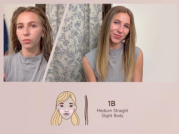 Before and after on 1B medium straight hair, smooth shiny blowout with clamp-free air styler brush