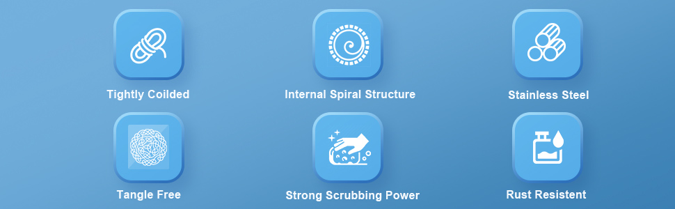 Tightly Coilded, Internal Spiral Structure, Stainless Steel, Tangle Free, Strong Scrubbing Power