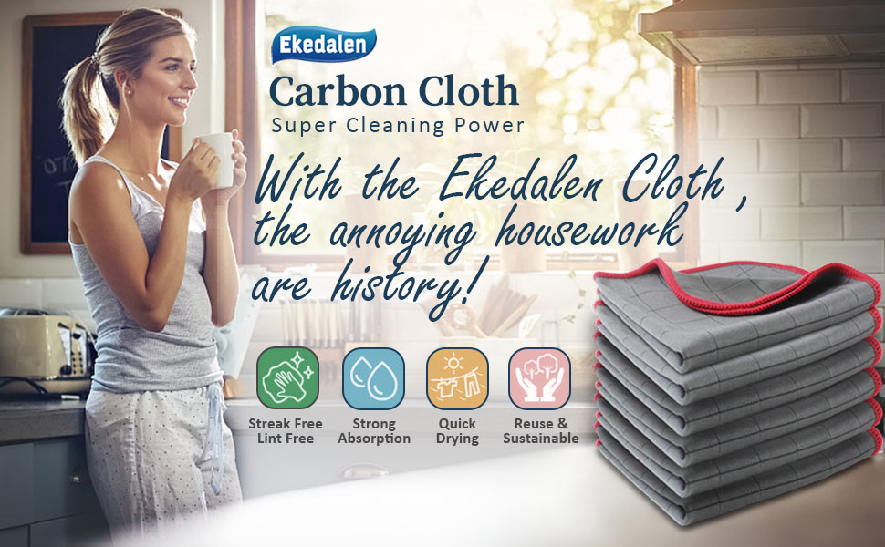 Stack of gray carbon cleaning cloths with product benefits icons showing eco-friendly, durability, quick-dry, and stain-resistant features.