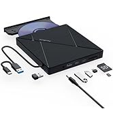 PeroBuno External CD DVD Drive, USB 3.0 Optical Disc Drive, 4 USB Ports and 2 TF/SD Card Slots, C...