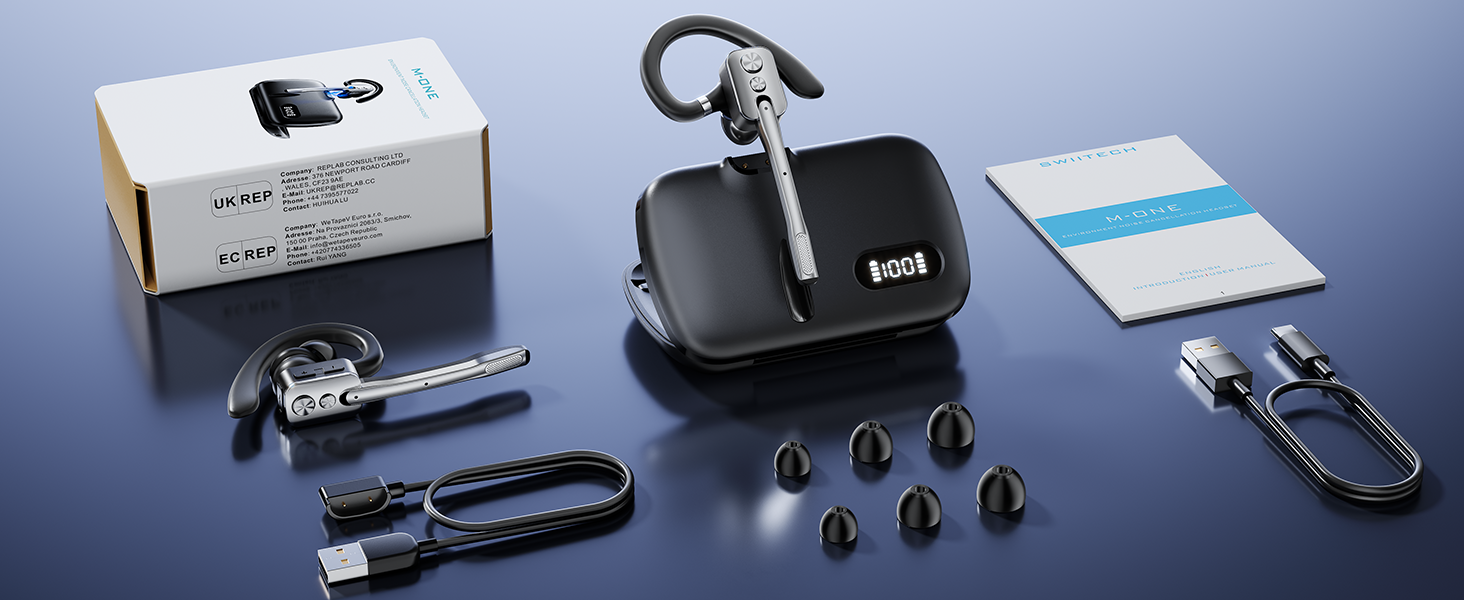 Wireless earbuds charging case with accessories including charging cable, ear tip sizes, and instruction manual displayed on blue background.