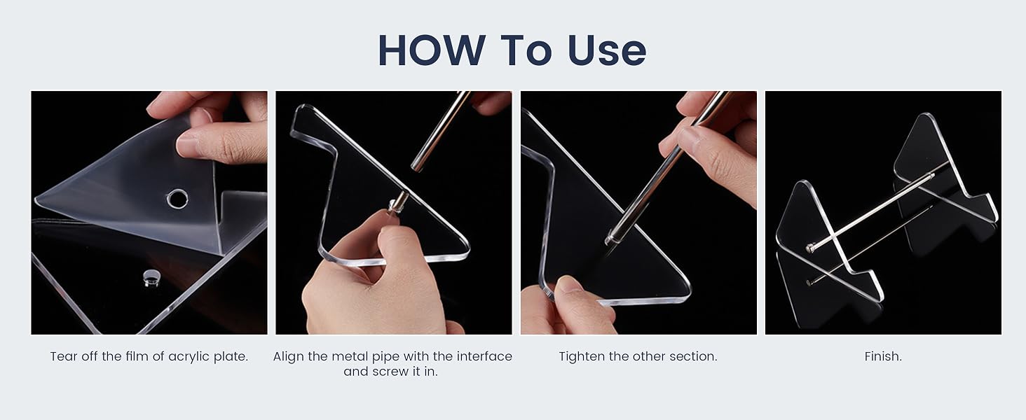 Four-panel instruction guide for assembling a clear acrylic smartphone stand. Shows folding, inserting metal rods, and final setup of the transparent device holder.