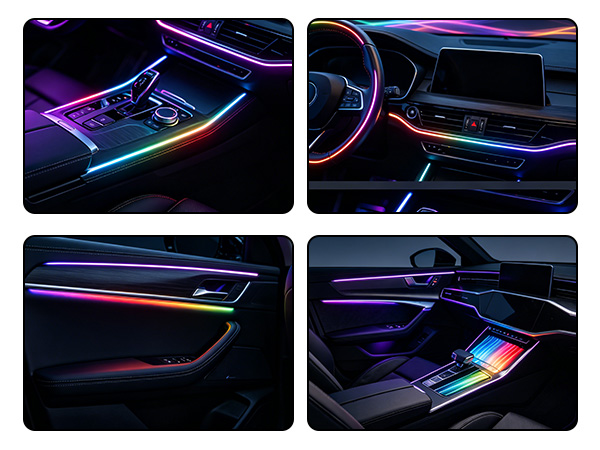Composite of four car interior photos showing neon-lit ambient lighting systems with purple, blue, and pink LED strips illuminating dashboard, door panels, and center console areas in dark vehicle interiors.