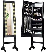 Giantex Standing Jewelry Armoire with 18 LED Lights Around the Door, Large Storage Mirrored Jewel...