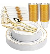 Pryntono 350 PCS White and Gold Plastic Dinnerware Set for 50 Guests, 100 Thanksgiving Disposable...