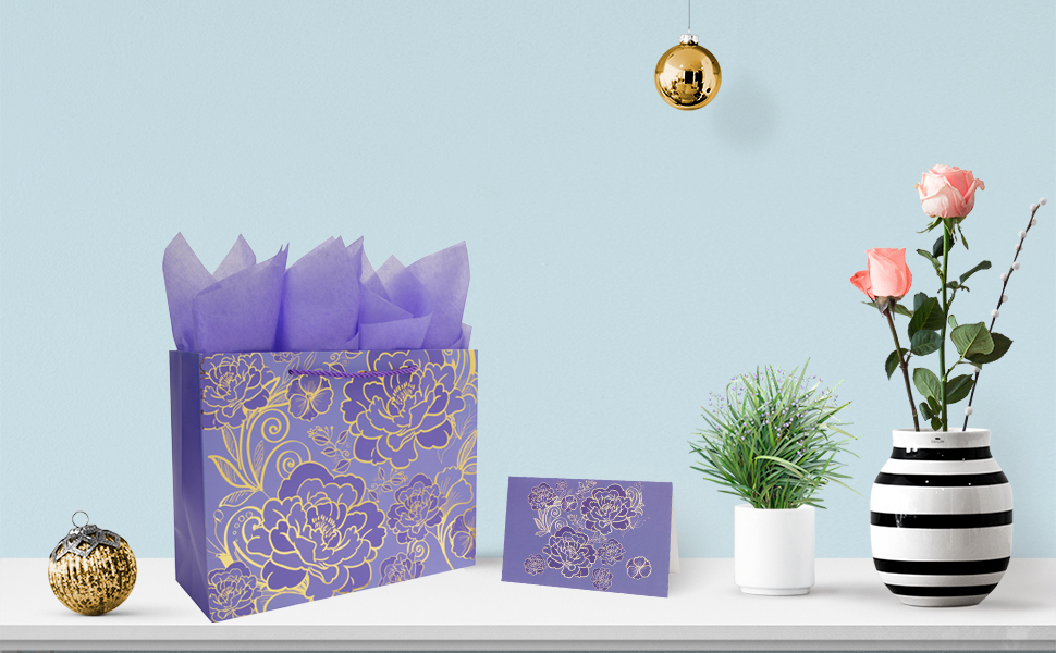 13‘’ Large Rose Purple Foil Traced Flowers Gift Bag Set