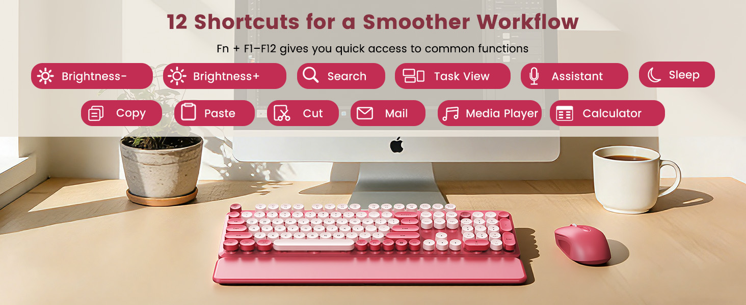 Pink retro keyboard and mouse with 12 shortcut keys for smoother workflow.