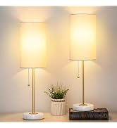 JUNNAI Bedside Table Lamp with Marble Base: Pull Chain Switch 3-Way Dimmable | Linen Fabric Shade...
