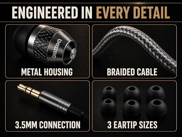 Graphic detailing the premium materials and component engineering of Betron earphones