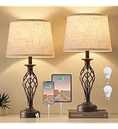 Table Lamp for Bedroom Set of 2 with USB C+A Ports - Modern Brown Bedside Lamps with Spiral Cage ...