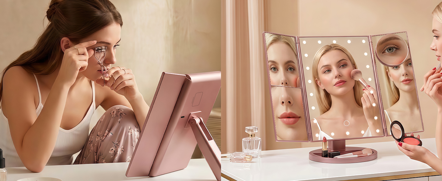 Lighted makeup mirror for vanity, dorm room and travel use.