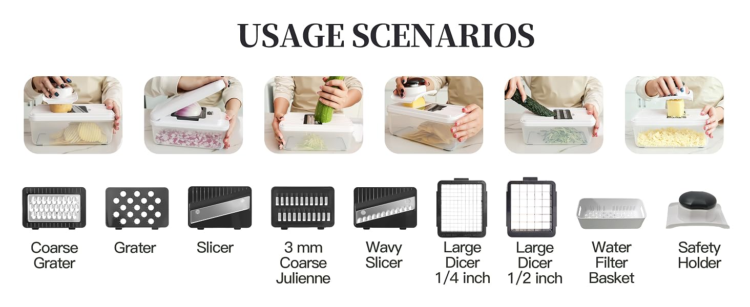 7 interchangeable blades including dicing, shredding, and slicing inserts for various vegetables