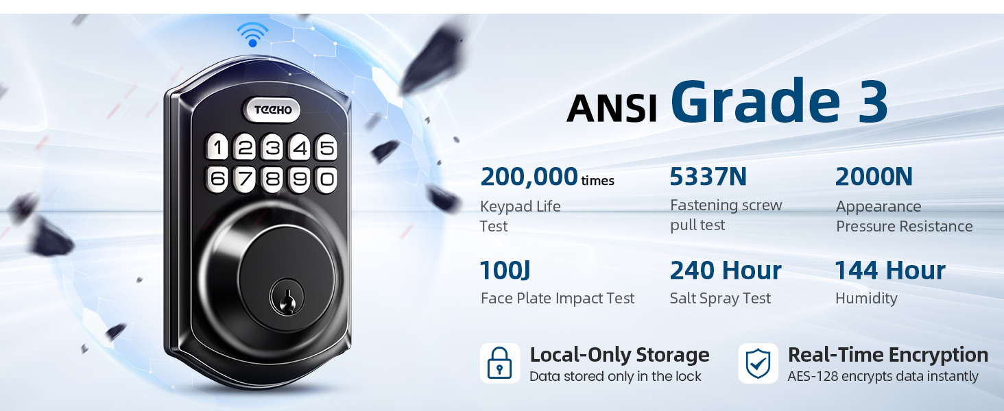 Certified to ANSI Grade 3, the lock meets safety performance standards for reliable home security