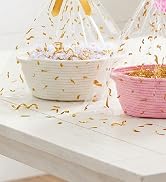 SUNCOLOR Small Woven Pink Gift Basket Set, Cotton Rope Storage Basket 12x8x5 Inch with Cut Paper ...