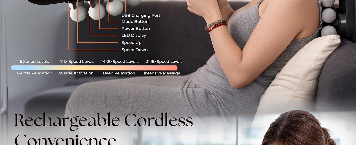 Cordless rechargeable massager with adjustable controls for convenient use