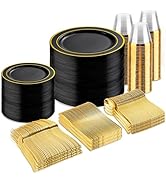 bUCLA 600PCS Black and Gold Disposable Dinnerware Set - Black Plastic Plates Disposable for Party...
